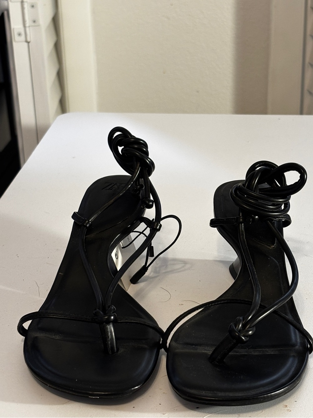 NWT Zara Black Knotted Strap Wedge Sandals with Wrap Ankle Ties